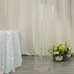Heavy Duty Acrylic Flower Pedestal Vase With Hanging Crystal Beads, Clear Pillar Stand Floor Centerpieces With Pre-chained Garlands - 5mm Thick Plates