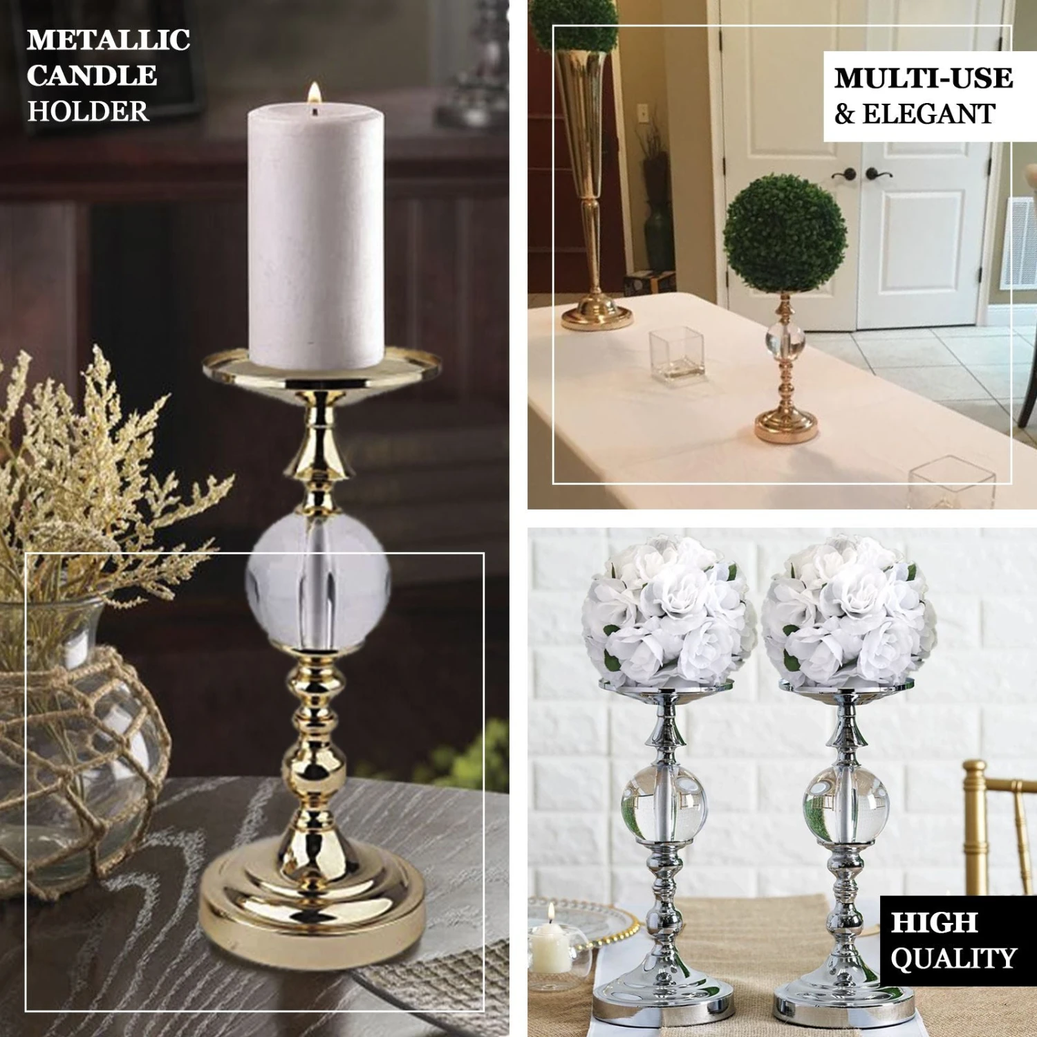 2 Pack Metallic Pillar Candle Holder Set, Votive Candle Stands With Clear Acrylic Ball 13" 2 2 Pack Metallic Pillar Candle Holder Set, Votive Candle Stands With Clear Acrylic Ball 13" - Image 2