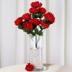 4 Bushes | Artificial Long Stem Silk Chrysanthemum Flowers -Home Decor Promotional Store ARTI 1498 RED D01