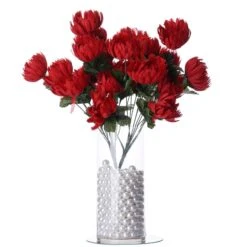 4 Bushes | Artificial Long Stem Silk Chrysanthemum Flowers -Home Decor Promotional Store ARTI 1498 RED D02