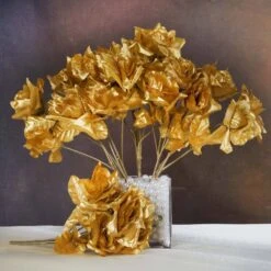 12 Bushes Artificial Premium Silk Blossomed Rose Flowers 84 Roses -Home Decor Promotional Store ARTI 84OPN GOLD 01