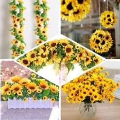 5 Bushes | 70 Yellow Artificial Silk Blossomed Sunflowers | Vase Decor -Home Decor Promotional Store ARTI 868 EBC2