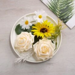 40 Pcs Artificial Rose & Silk Sunflower With Stem Box Set, Mixed Faux Floral Arrangements - Cream/White