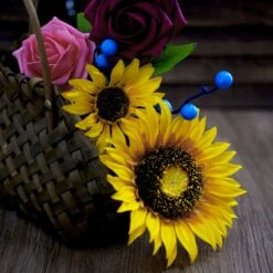 34 Pcs Artificial Rose, Silk Sunflower & Blueberry Stems Mix Flower Box - Burgundy/Pink