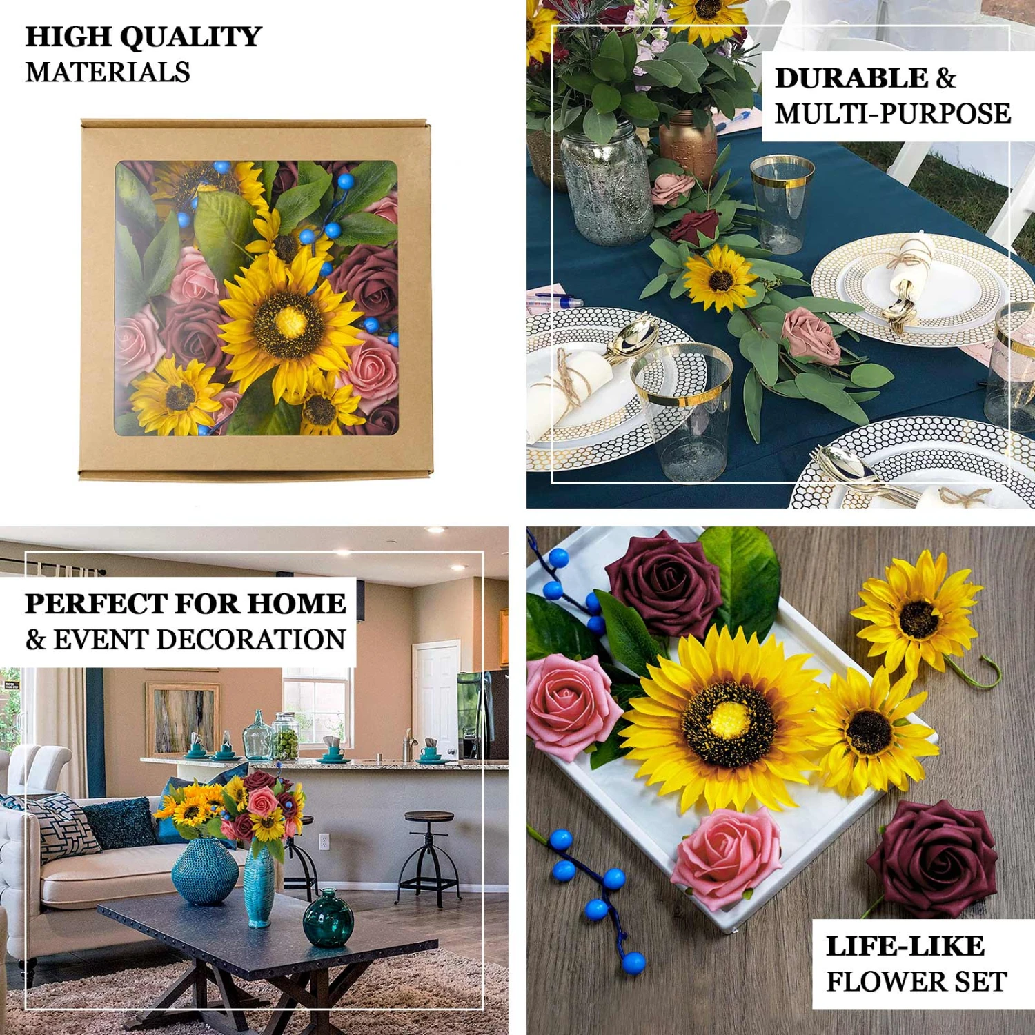 34 Pcs Artificial Rose, Silk Sunflower & Blueberry Stems Mix Flower Box - Burgundy/Pink 2 34 Pcs Artificial Rose, Silk Sunflower & Blueberry Stems Mix Flower Box - Burgundy/Pink - Image 2