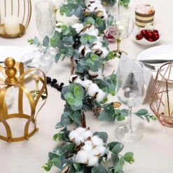 Green Artificial Eucalyptus Leaf, White Cotton Ball Garland Vine 5ft -Home Decor Promotional Store ARTI GLND GRN004 D11