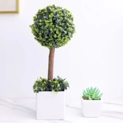 Green Artificial Boxwood Topiary Ball Tree In White Planter Pot 16" -Home Decor Promotional Store ARTI POT 001 M WGRN D01