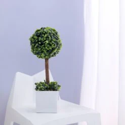 Green Artificial Boxwood Topiary Ball Tree In White Planter Pot 16" -Home Decor Promotional Store ARTI POT 001 M WGRN D05