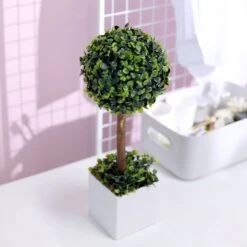 Green Artificial Boxwood Topiary Ball Tree In White Planter Pot 16" -Home Decor Promotional Store ARTI POT 001 M WGRN D06