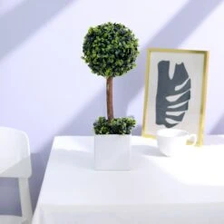 Home Decor Promotional Store 14 Green Artificial Boxwood Topiary Ball Tree In White Planter Pot 16"