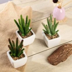 3 Pack Ceramic Planter Pot & Artificial Cacti Succulent Plants 7"