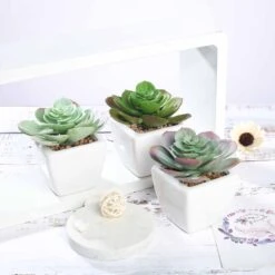 3 Pack Ceramic Planter Pot And Artificial Echeveria Succulent Plant 4" -Home Decor Promotional Store ARTI SUC PT007 ASST 02
