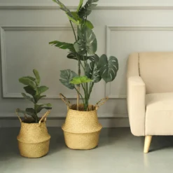 Set Of 2 | Natural Seagrass Plant Baskets, Wicker Hand Woven Straw Planter With Handles -Home Decor Promotional Store BSKT JUTE 001 SET NAT D01