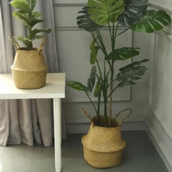 Set Of 2 | Natural Seagrass Plant Baskets, Wicker Hand Woven Straw Planter With Handles -Home Decor Promotional Store BSKT JUTE 001 SET NAT D02