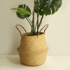 Set Of 2 | Natural Seagrass Plant Baskets, Wicker Hand Woven Straw Planter With Handles -Home Decor Promotional Store BSKT JUTE 001 SET NAT D04