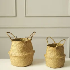 Set Of 2 | Natural Seagrass Plant Baskets, Wicker Hand Woven Straw Planter With Handles -Home Decor Promotional Store BSKT JUTE 001 SET NAT D12