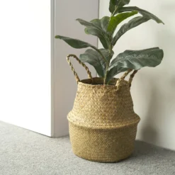 Set Of 2 | Natural Seagrass Plant Baskets, Wicker Hand Woven Straw Planter With Handles -Home Decor Promotional Store BSKT JUTE 001 SET NAT D13