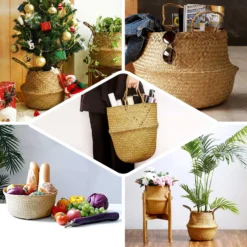 Set Of 2 | Natural Seagrass Plant Baskets, Wicker Hand Woven Straw Planter With Handles -Home Decor Promotional Store BSKT JUTE 001 SET NAT EBC2