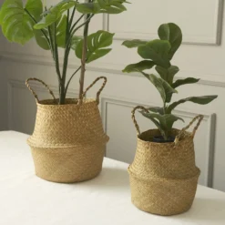 Set Of 2 | Natural Seagrass Plant Baskets, Wicker Hand Woven Straw Planter With Handles -Home Decor Promotional Store BSKT JUTE 001 SET NAT 01