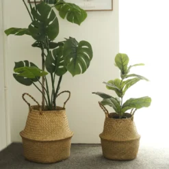 Set Of 2 | Natural Seagrass Plant Baskets, Wicker Hand Woven Straw Planter With Handles -Home Decor Promotional Store BSKT JUTE 001 SET NAT 02