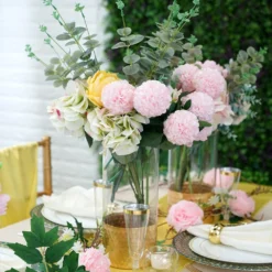 Set Of 3 - Glass Cylinder Vases With Gold Honeycomb Base - Glass Candle Holders - 8", 10", 12" 21 Set Of 3 - Glass Cylinder Vases With Gold Honeycomb Base - Glass Candle Holders - 8", 10", 12" -Home Decor Promotional Store BackyardSummerTablescape2020 D06.progressive 0466632b 663e 4230 b39c daaa320296c0