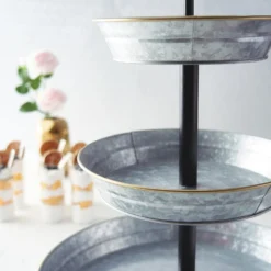 3-Tier Galvanized Metal Riser Serving Tray, Rustic Dessert Display Stand 20" -Home Decor Promotional Store CAKE MET 001 SILVB D05