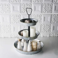 3-Tier Galvanized Metal Riser Serving Tray, Rustic Dessert Display Stand 20" -Home Decor Promotional Store CAKE MET 001 SILVB D07