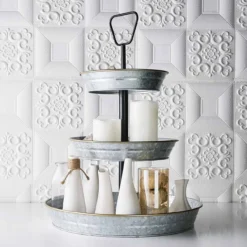 3-Tier Galvanized Metal Riser Serving Tray, Rustic Dessert Display Stand 20"