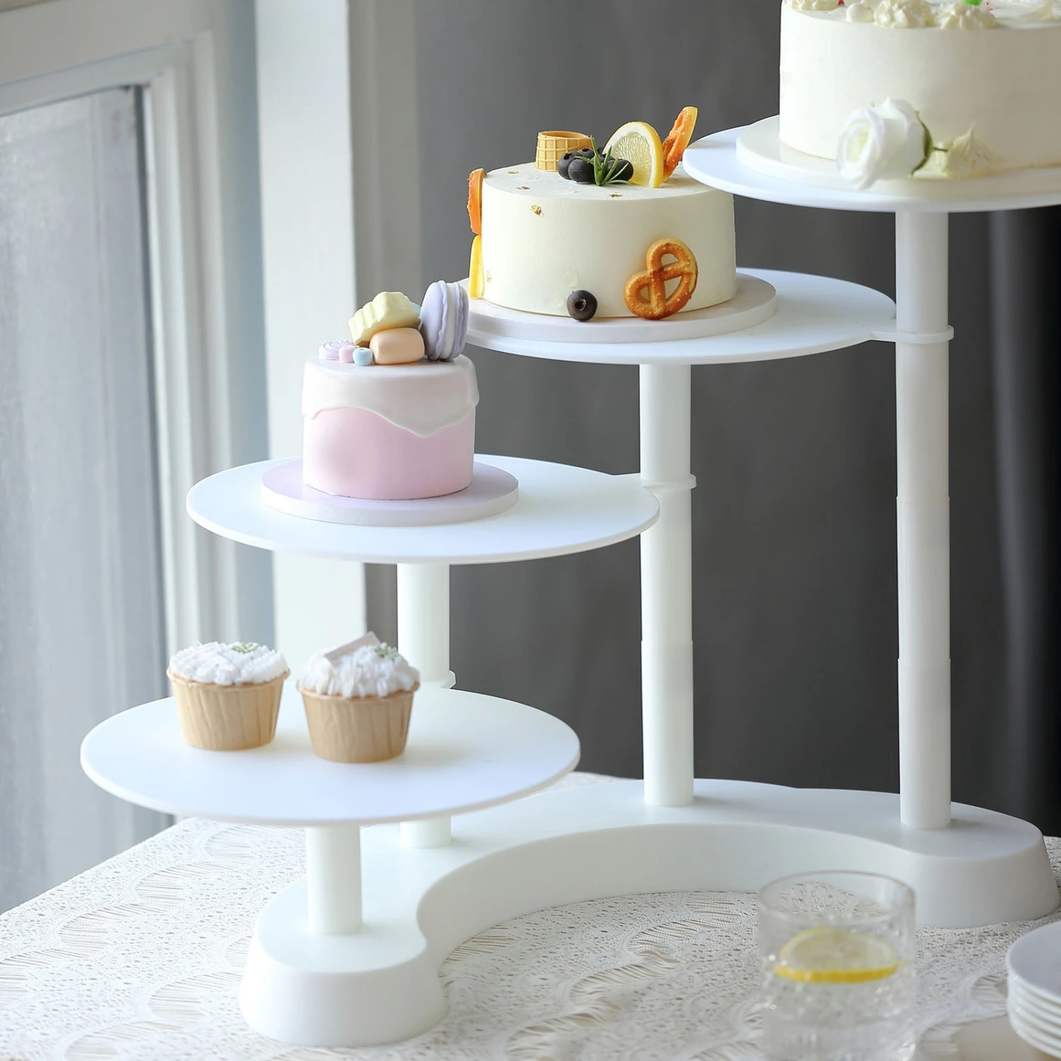 4-Tier Half Moon White Plastic Pedestal Riser, Display Stand With Multiple Pedestals - 17" Tall 7 4-Tier Half Moon White Plastic Pedestal Riser, Display Stand With Multiple Pedestals - 17" Tall - Image 7