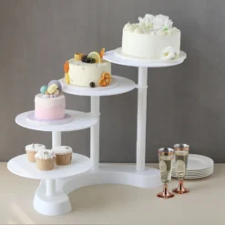 4-Tier Half Moon White Plastic Pedestal Riser, Display Stand With Multiple Pedestals - 17" Tall