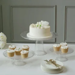 Set Of 3 | Clear Plastic Stackable Pedestal Risers, Dessert/Appetizer Display Holders - 9", 11", 15" -Home Decor Promotional Store CAKE PLST R006 SET CLR 01