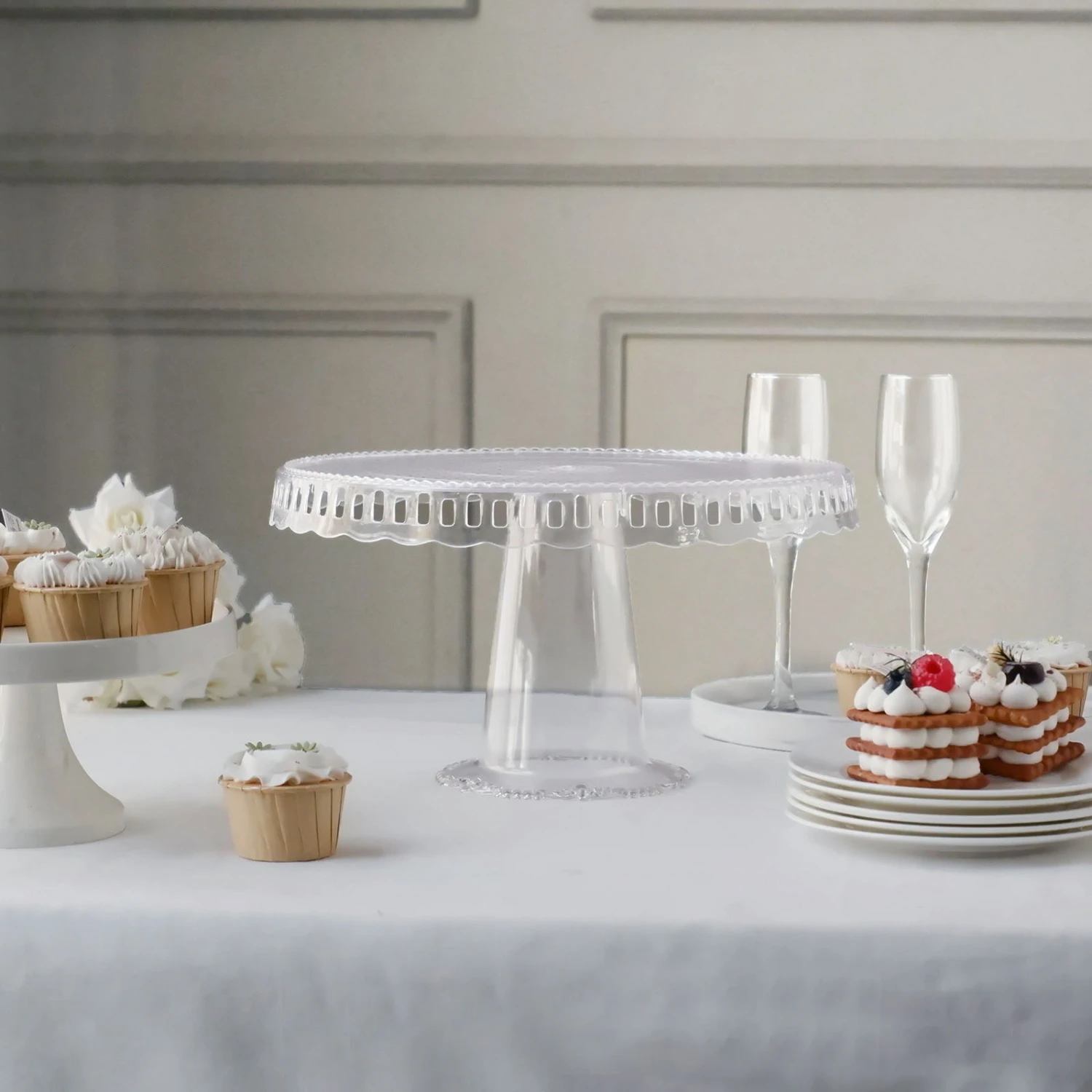 4 Pack Round Footed Reusable Plastic Pedestal Risers, Dessert/Appetizer Display Stand With Interchangeable Ribbon Trim Edge 13" 4 4 Pack Round Footed Reusable Plastic Pedestal Risers, Dessert/Appetizer Display Stand With Interchangeable Ribbon Trim Edge 13" - Image 4