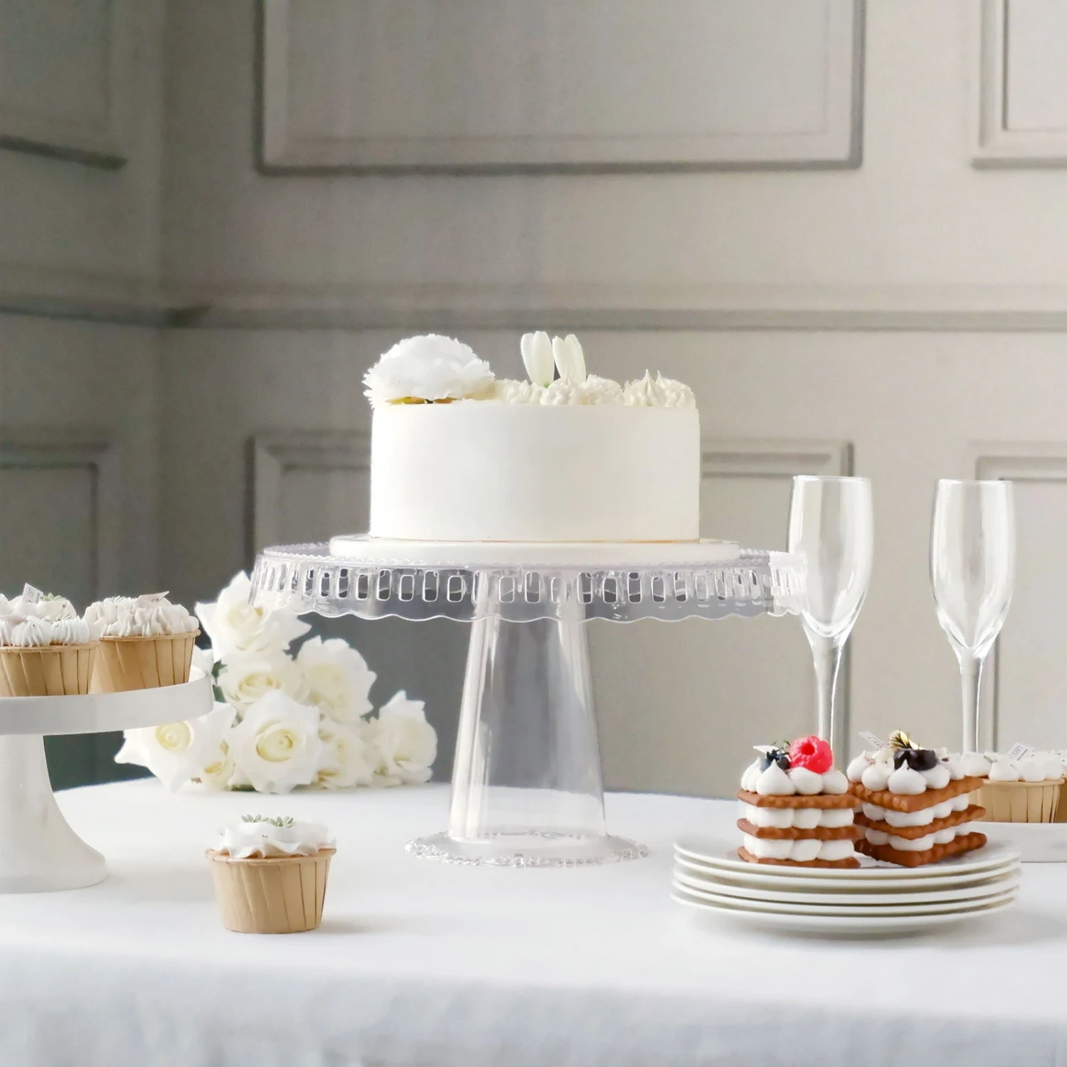 4 Pack Round Footed Reusable Plastic Pedestal Risers, Dessert/Appetizer Display Stand With Interchangeable Ribbon Trim Edge 13" 10 4 Pack Round Footed Reusable Plastic Pedestal Risers, Dessert/Appetizer Display Stand With Interchangeable Ribbon Trim Edge 13" - Image 10