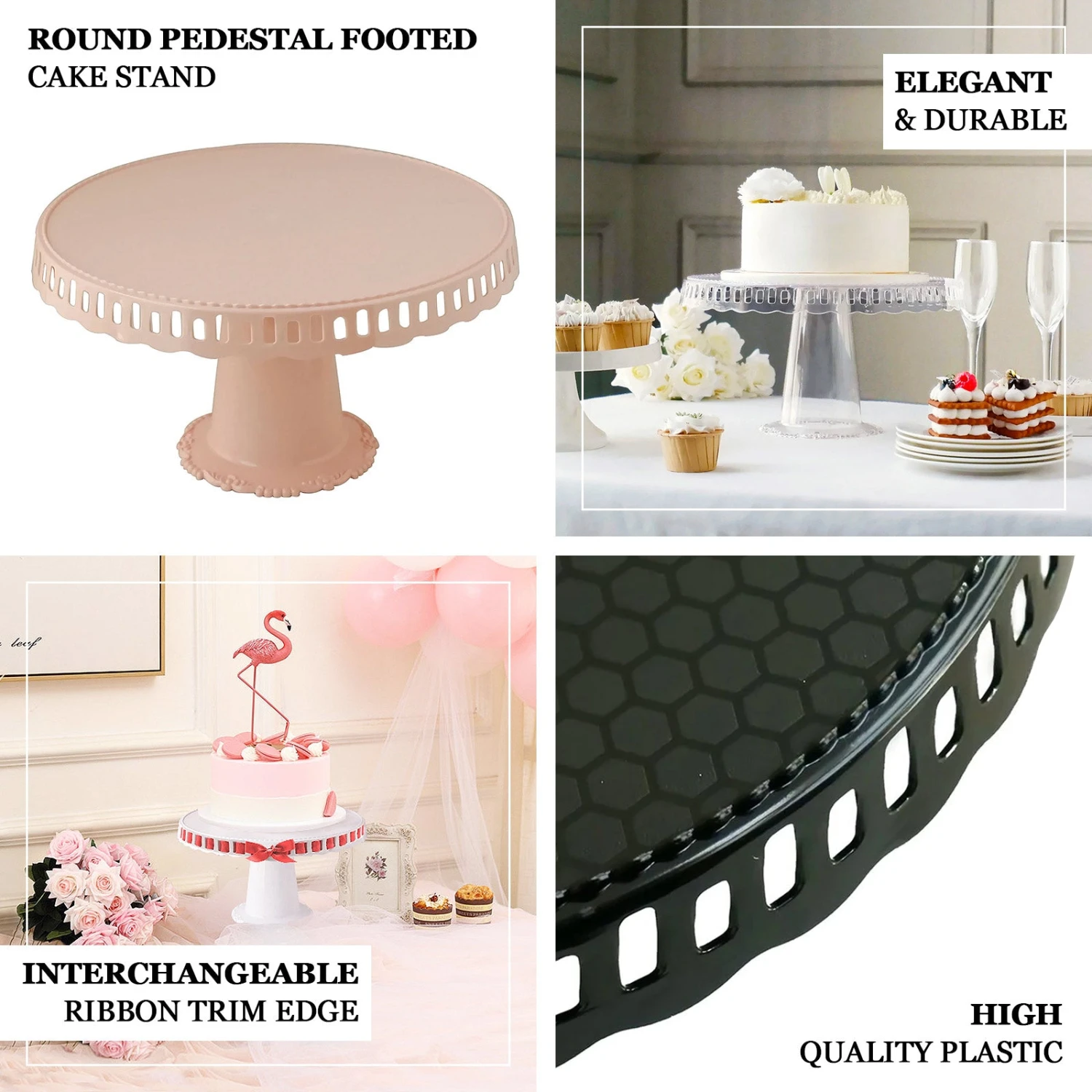 4 Pack Round Footed Reusable Plastic Pedestal Risers, Dessert/Appetizer Display Stand With Interchangeable Ribbon Trim Edge 13" 2 4 Pack Round Footed Reusable Plastic Pedestal Risers, Dessert/Appetizer Display Stand With Interchangeable Ribbon Trim Edge 13" - Image 2