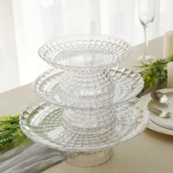 Set Of 3 | Clear Contemporary Pressed Plastic Stackable Pedestal Risers, Dessert/Appetizer Display Holders - 8", 10", 12" -Home Decor Promotional Store CAKE PLST R009 SET CLR D14