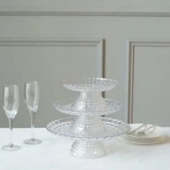 Set Of 3 | Clear Contemporary Pressed Plastic Stackable Pedestal Risers, Dessert/Appetizer Display Holders - 8", 10", 12" -Home Decor Promotional Store CAKE PLST R009 SET CLR D19