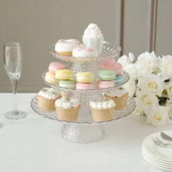 Set Of 3 | Clear Contemporary Pressed Plastic Stackable Pedestal Risers, Dessert/Appetizer Display Holders - 8", 10", 12"