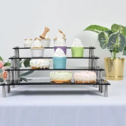 Set Of 4 | Premium Acrylic Pedestal Risers, Appetizer/Dessert Display Stands -Home Decor Promotional Store CAKE PLST REC001 SET BLK D05