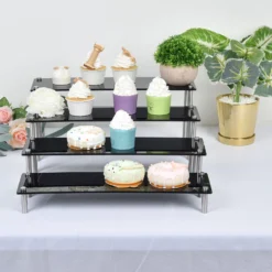 Set Of 4 | Premium Acrylic Pedestal Risers, Appetizer/Dessert Display Stands -Home Decor Promotional Store CAKE PLST REC001 SET BLK 02
