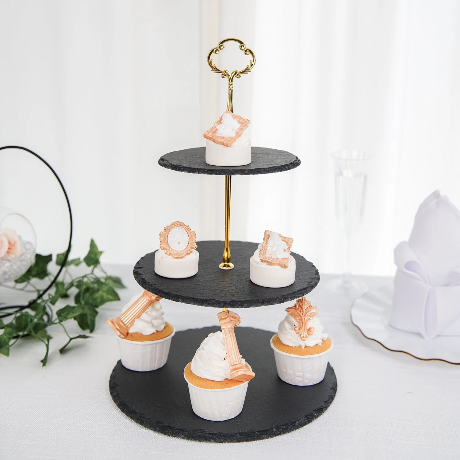 3-Tier Black Stone Plate Riser, Dessert Holder Display Stand 15" Round 4 3-Tier Black Stone Plate Riser, Dessert Holder Display Stand 15" Round - Image 4