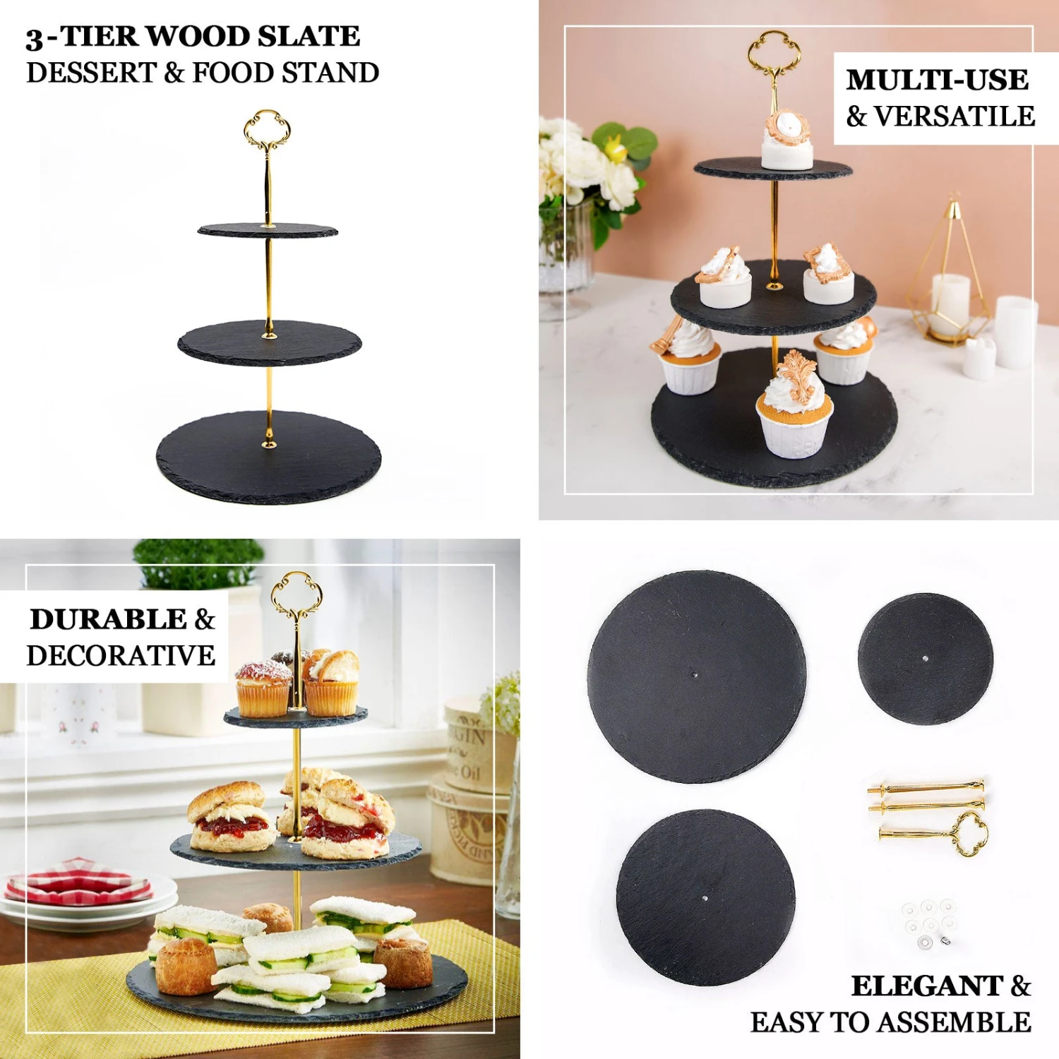 3-Tier Black Stone Plate Riser, Dessert Holder Display Stand 15" Round 2 3-Tier Black Stone Plate Riser, Dessert Holder Display Stand 15" Round - Image 2