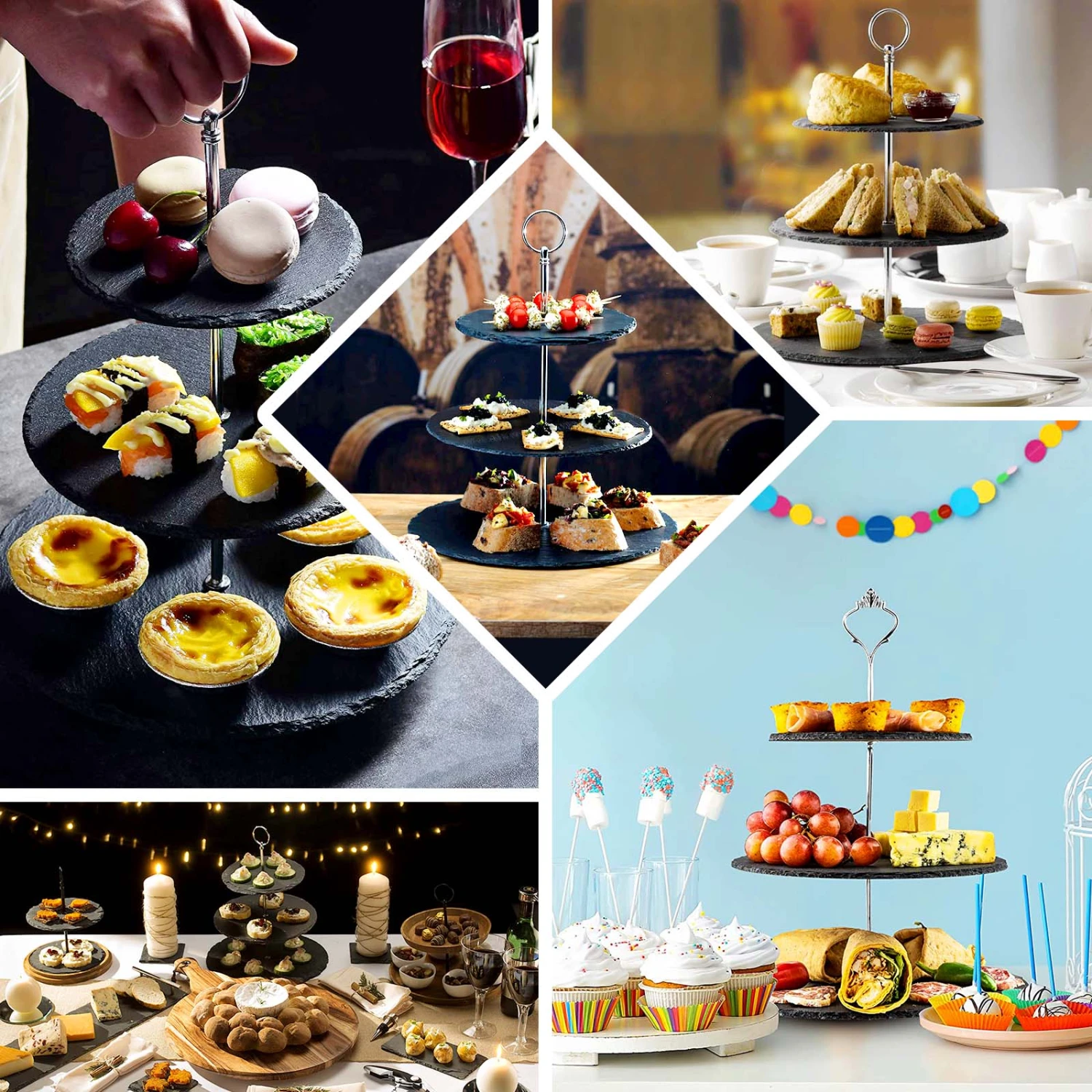 3-Tier Black Stone Plate Riser, Dessert Holder Display Stand 15" Round 3 3-Tier Black Stone Plate Riser, Dessert Holder Display Stand 15" Round - Image 3