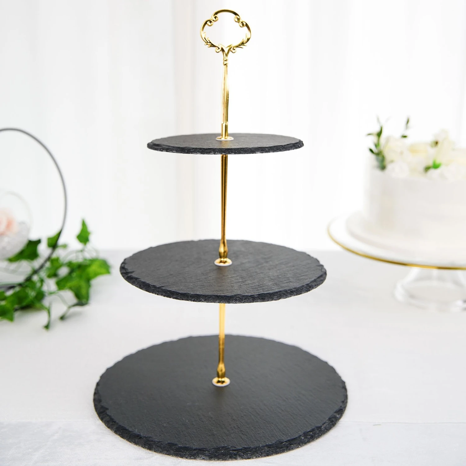 3-Tier Black Stone Plate Riser, Dessert Holder Display Stand 15" Round 1 3-Tier Black Stone Plate Riser, Dessert Holder Display Stand 15" Round