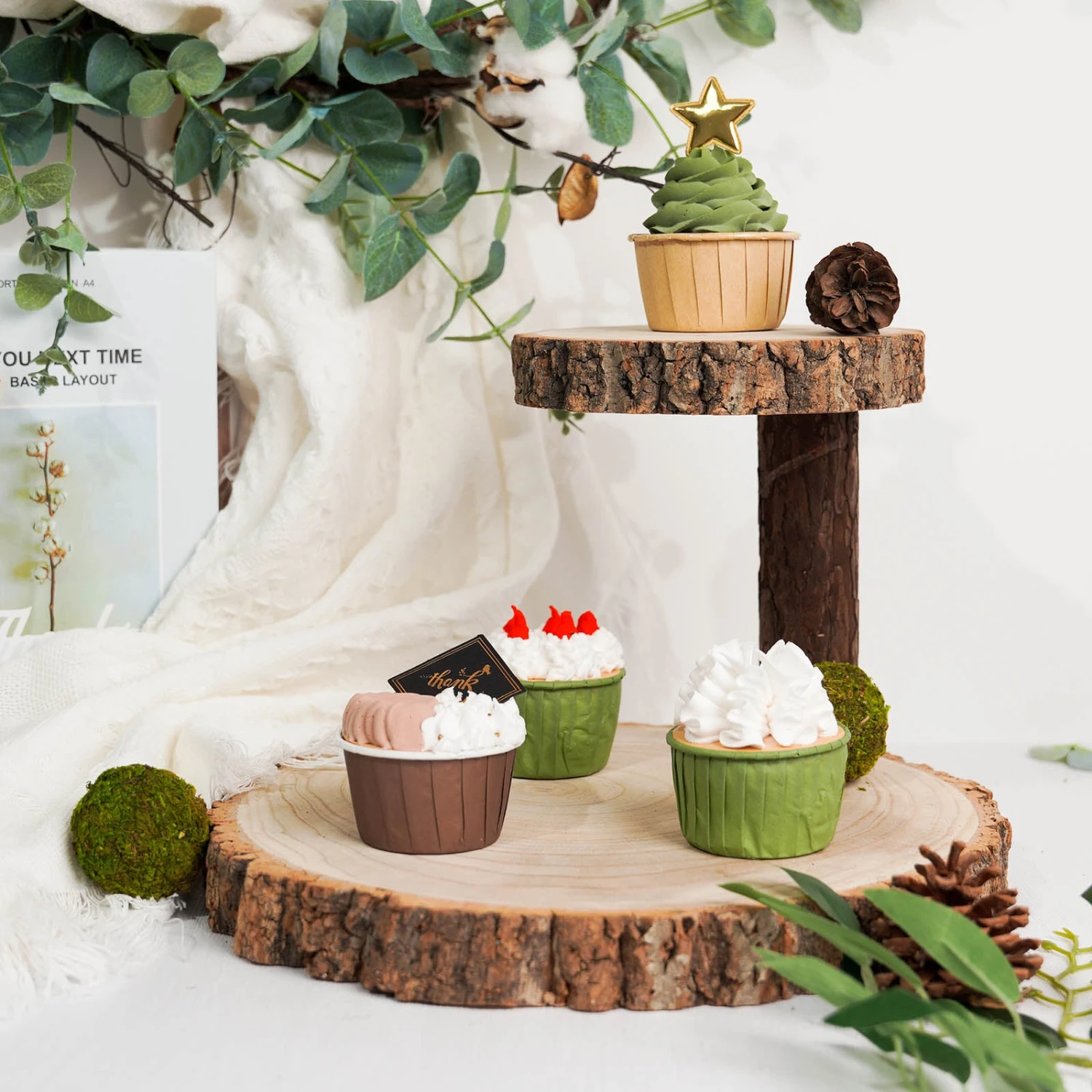 2-Tier Natural Elm Wood Slice Cheese Board Cupcake Stand, Rustic Centerpiece 8" 1 2-Tier Natural Elm Wood Slice Cheese Board Cupcake Stand, Rustic Centerpiece 8"