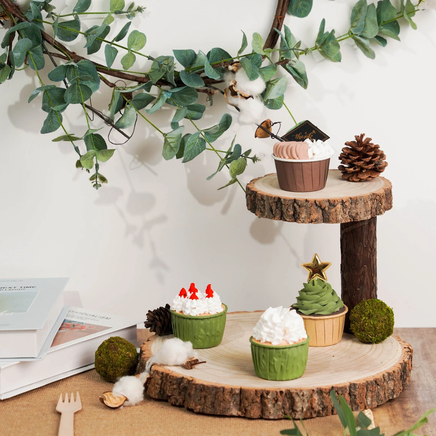 2-Tier Natural Elm Wood Slice Cheese Board Cupcake Stand, Rustic Centerpiece 8" 12 2-Tier Natural Elm Wood Slice Cheese Board Cupcake Stand, Rustic Centerpiece 8" - Image 12