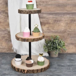 3-Tier Tower Natural Wood Slice Riser, Cheese Board Display Stand, Rustic Centerpiece - Assembly Tools Included 19" -Home Decor Promotional Store CAKE WOD004 NAT D02