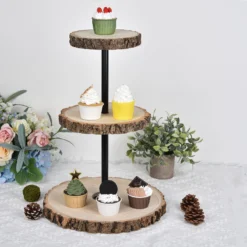 3-Tier Tower Natural Wood Slice Riser, Cheese Board Display Stand, Rustic Centerpiece - Assembly Tools Included 19" -Home Decor Promotional Store CAKE WOD004 NAT D03