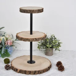 3-Tier Tower Natural Wood Slice Riser, Cheese Board Display Stand, Rustic Centerpiece - Assembly Tools Included 19" -Home Decor Promotional Store CAKE WOD004 NAT 01