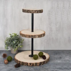 3-Tier Tower Natural Wood Slice Riser, Cheese Board Display Stand, Rustic Centerpiece - Assembly Tools Included 19"