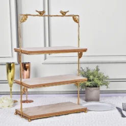 3-Tier Rectangular Gold/Wood Slice Riser, Cheese Board Display Tower, Rustic Centerpiece - Assembly Tools Included 19" -Home Decor Promotional Store CAKE WOD005 L GOLD D01 2